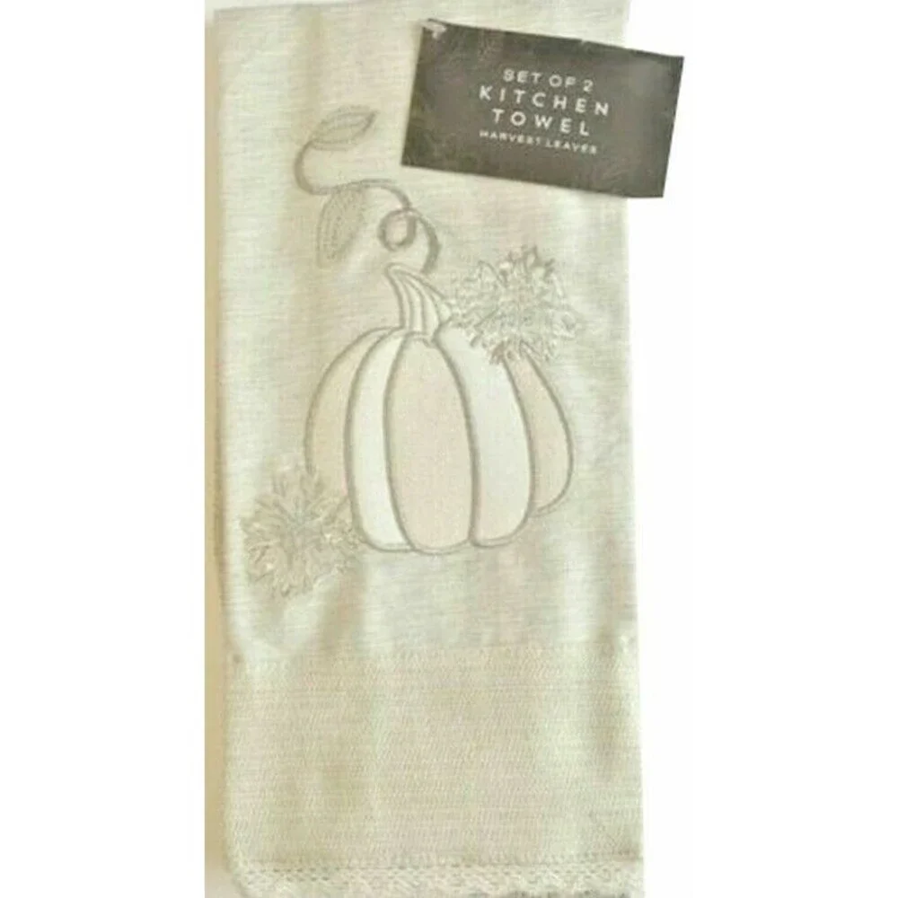 Thanksgiving Kitchen Dish Towels Set of 2 Pumpkin Harvest Leaves Embroidered